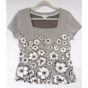 Maeve Black and White Floral Chevron Top